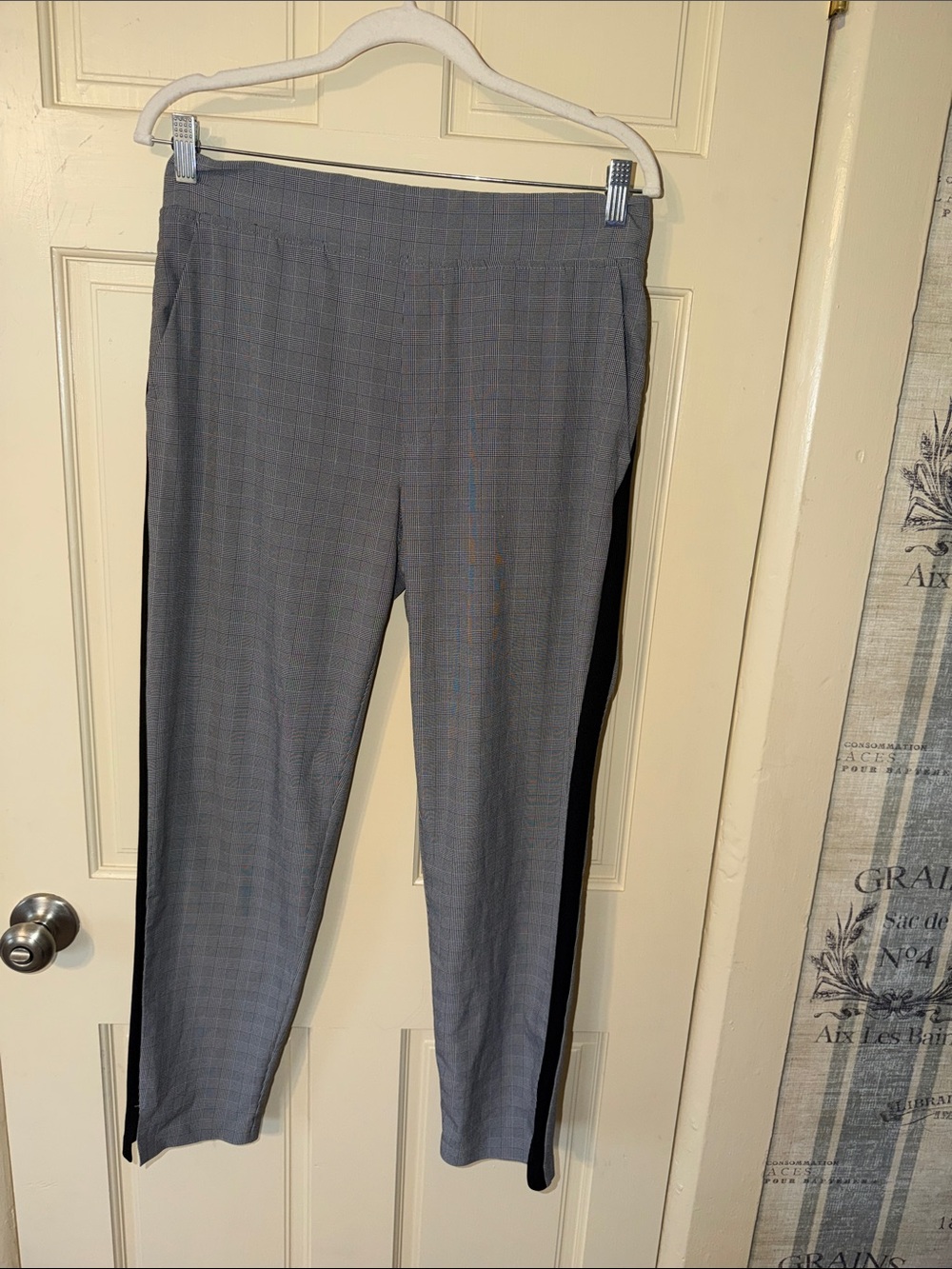 Athleta Gray Plaid Straight-Leg Pants with Black Side Stripe